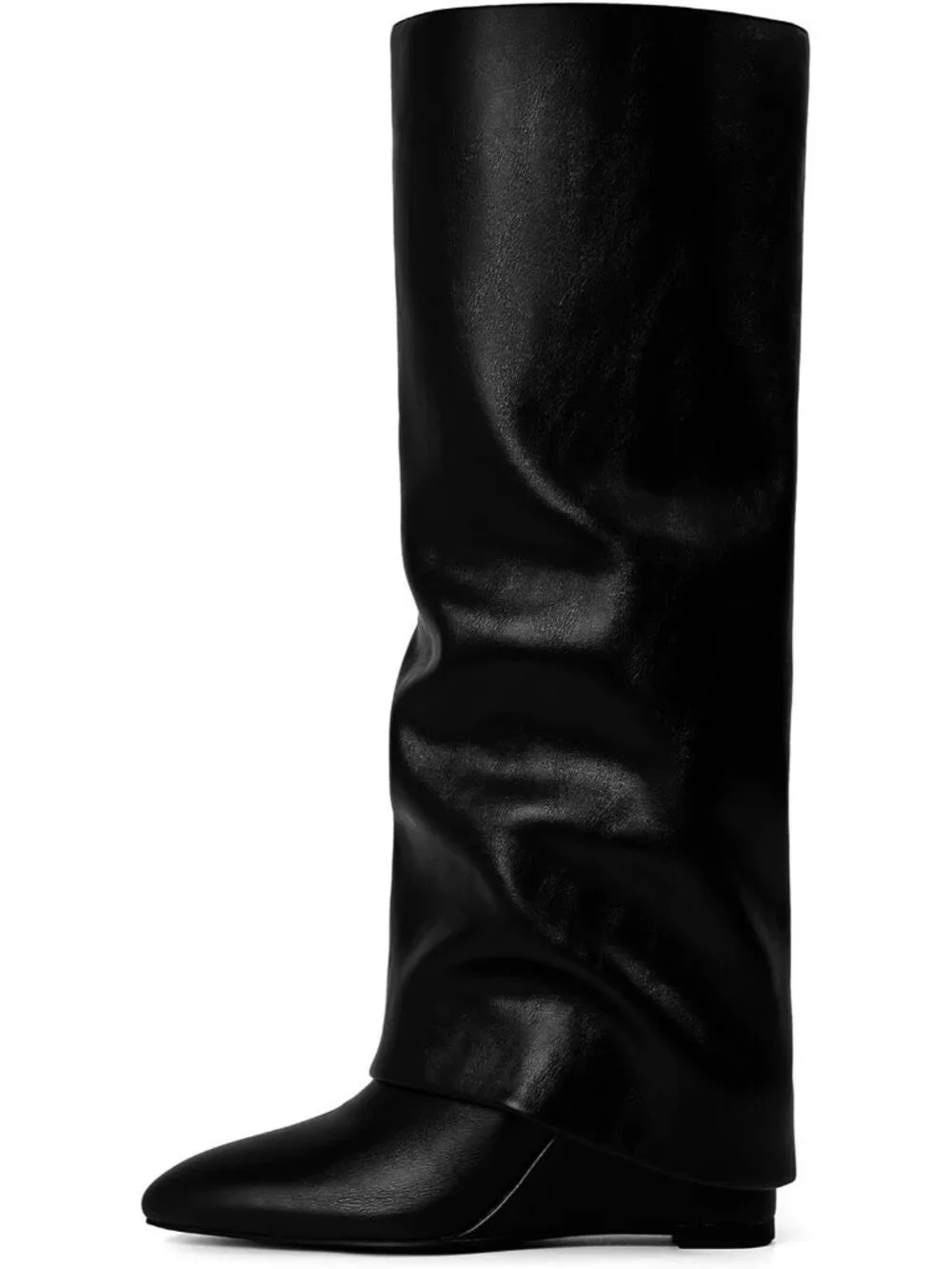 Women's Black Pu Wedge Heel Pointed Toe Faux Leather Over The Knee Boots